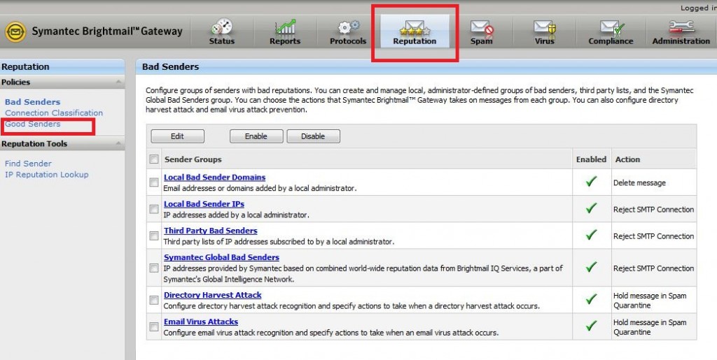 Symantec Brightmail üzerinde güvenilir & güvenilmez eposta adresi